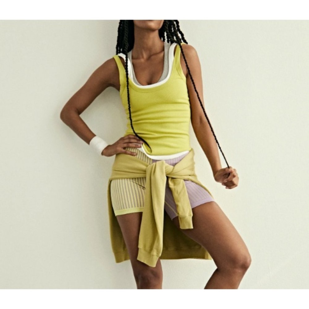 Free People Neon Yellow Ribbed Tank Top with White Trim